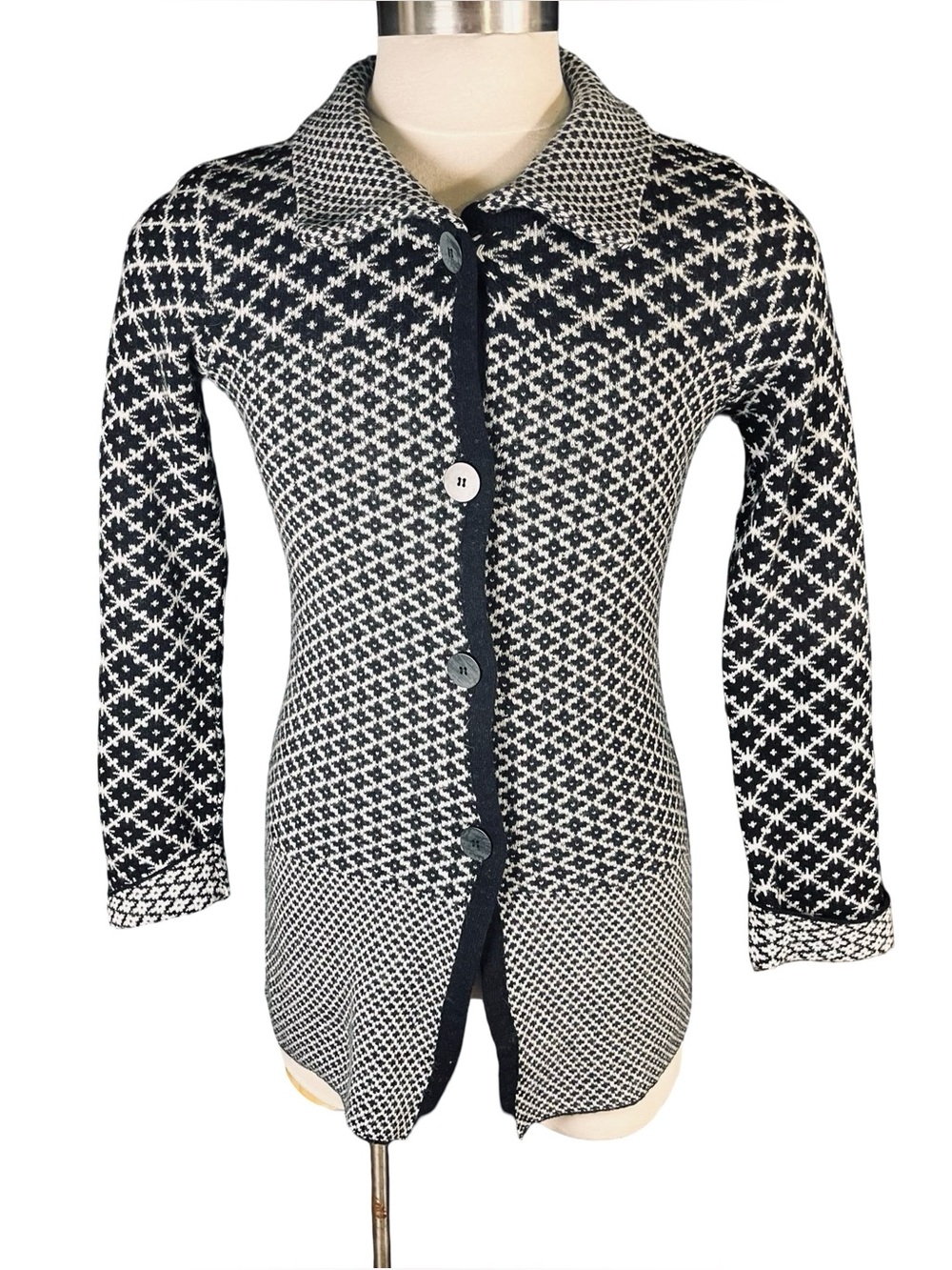 Navy & White Patterned Button-Up Women's Sweater
